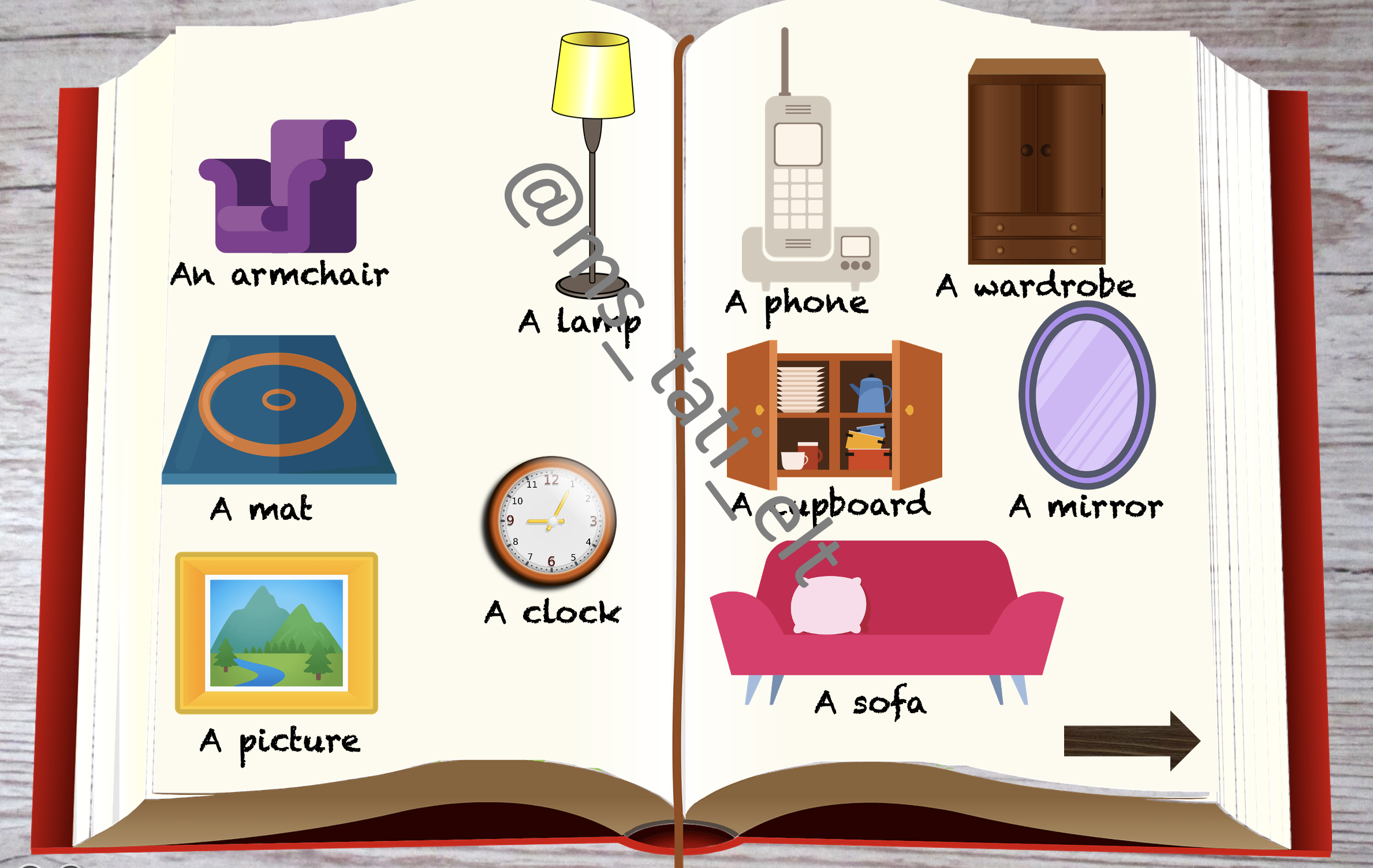 Интерактивная презентация My home включает в себя презентацию слов по теме Мебель и задания на запоминание написания слов (вставить пропущенные буквы), а также на запоминание слов. | First Image