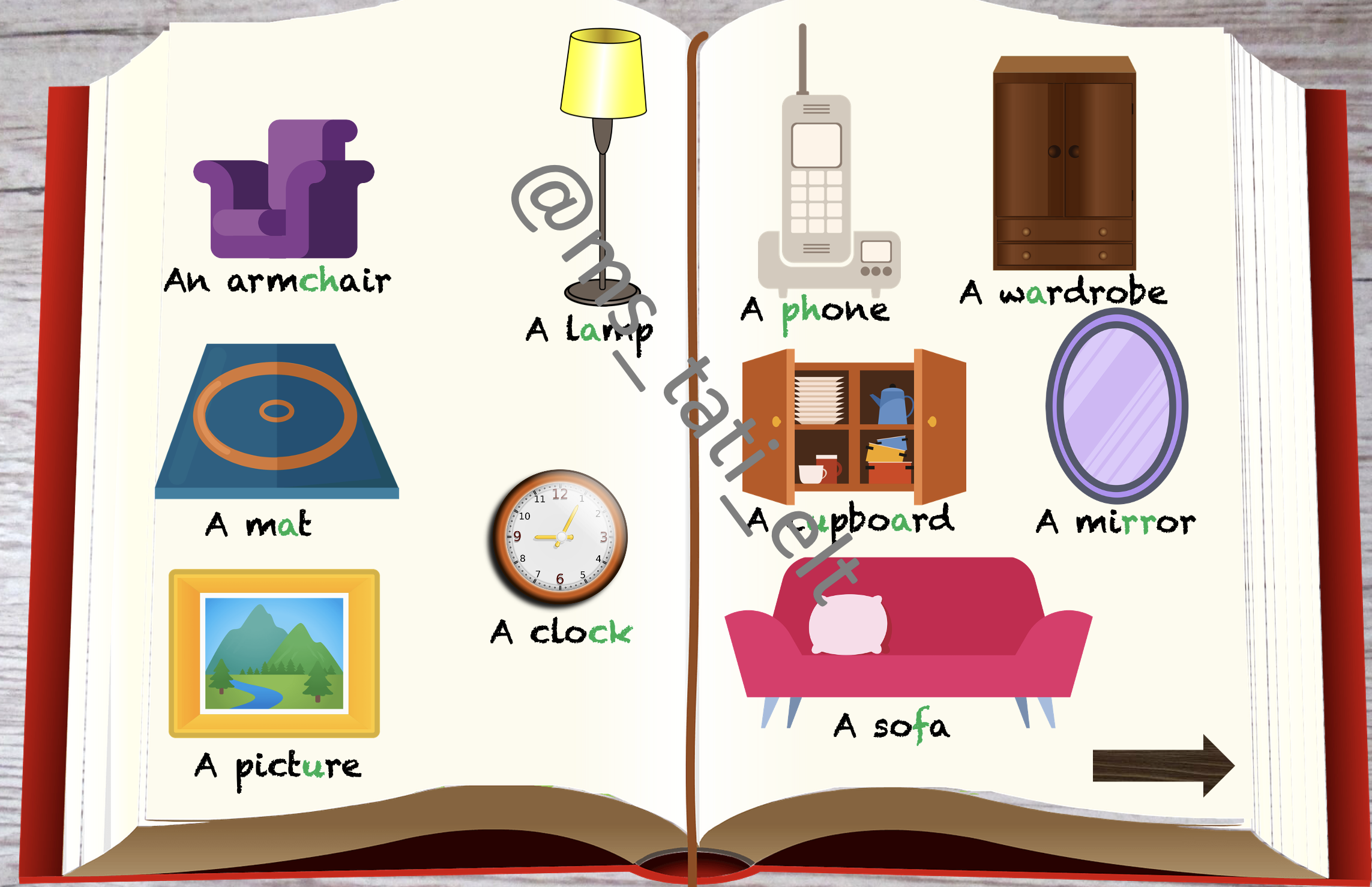 Интерактивная презентация My home включает в себя презентацию слов по теме Мебель и задания на запоминание написания слов (вставить пропущенные буквы), а также на запоминание слов. | Third Image